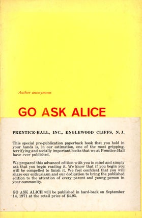 Item #4760 Go Ask Alice (Uncorrected Proof). Anonymous