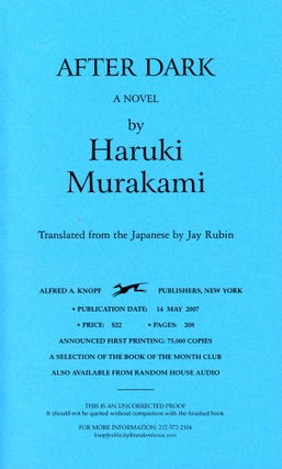 Item #5742 After Dark (Uncorrected Proof). Haruki MURAKAMI