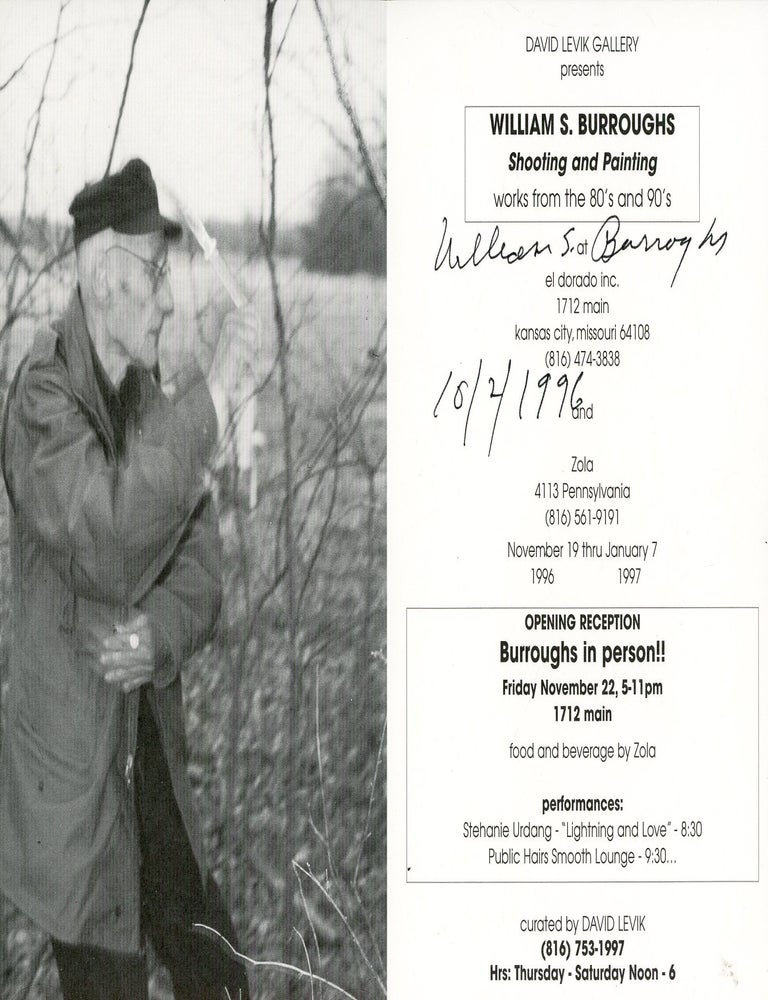 Item #9761 Shooting and Painting exhibition card (Signed by William S. Burroughs). William S. BURROUGHS.